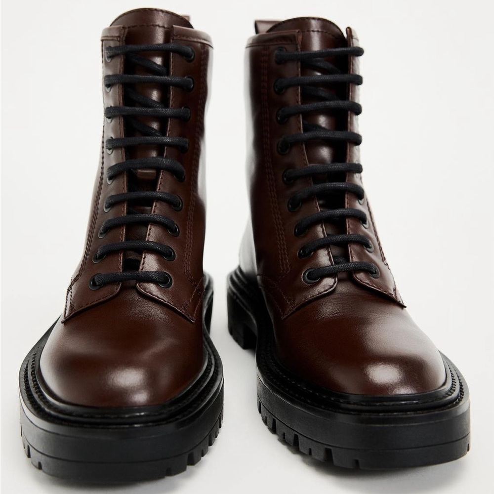 Zara Brown Lace Up Platform Ankle Size EU 39 US 8 Combat Biker Lug Chunky Boots - Picture 4 of 9